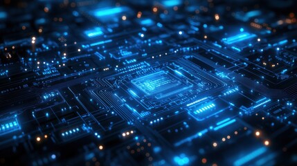 Abstract Circuit Board: Digital Technology, Blue Glowing Lines, Electronic Innovation