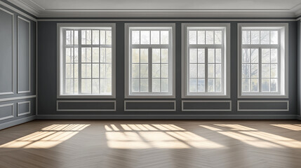 Poster - Sunlight illuminating empty room with classic gray walls and parquet