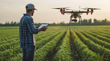 Wall Mural - a drone operator surveying agricultural fields for crop health analysis, rural farmland with drones 