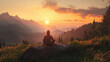 © Nati - Solo traveler resting on rock, serene alpine landscape, glowing sunset, peaceful moment.