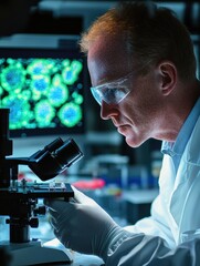 Aufkleber - Scientist examines virus structure in a laboratory with advanced equipment and sterile atmosphere