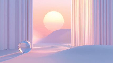 Fototapete - Glass sphere rests on iridescent surface with curtains and sunset in background