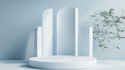 Poster - White round podium displaying products with tree branch and panels backdrop