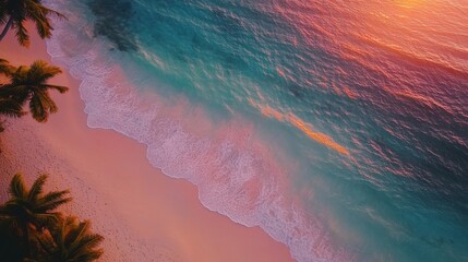 Poster - Vibrant tropical beach with turquoise waters and a stunning sunset in pink, orange, and purple hues
