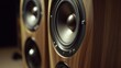 © Fitriyani - Close-up of wooden bookshelf speakers with multiple drivers.
