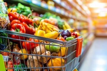 Poster - Shopping cart filled with vibrant produce and organic groceries in a bustling supermarket setting