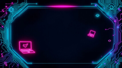 Wall Mural - futuristic digital frame with neon blue circuits and pink accents on a dark backdrop. glowing laptop