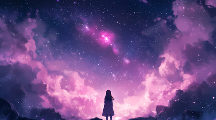 Wall Mural - Expansive galaxy view, pink and violet nebula clouds with stars, ethereal and dreamy, deep space landscape, dark mystic tones. Celestial Vanish. Illustration