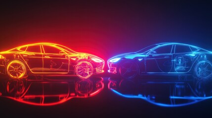 Poster - Transitioning from gasoline to electric vehicles highlighted by glowing neon accents and a split background depicting both car types in a futuristic setting
