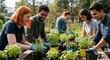 © cleo pick Art - Community Garden Teamwork: Young Adults Planting Herbs and Flowers Together in a Vibrant Outdoor Setting