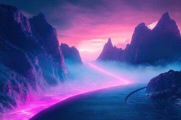 Poster - Surreal neon-lit road through glowing misty mountains in vibrant pink and blue tones