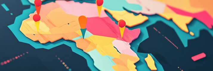 Leinwandbilder - Colorful travel map highlighting exciting destinations with vibrant pins marking journey points