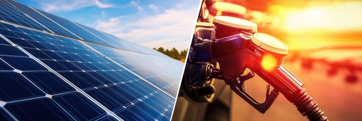 Poster - Bright solar panels contrast sharply with vibrant gasoline concepts, showcasing the energy debate