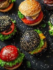 Aufkleber - Colorful assortment of gourmet burgers with unique buns and fresh toppings served under ambient lighting at a casual dining setup