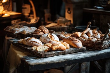 Poster - Rustic wooden table filled with fresh golden-brown bread and pastries in a cozy setting with warm lighting
