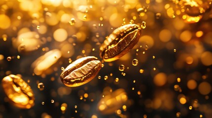 Poster - Coffee beans transformed into golden liquid drops create a luxurious abstract background with glowing light for an artistic aesthetic