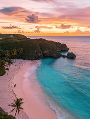Poster - Vibrant tropical beach with turquoise waters, golden sand, and stunning sunset in shades of pink and orange