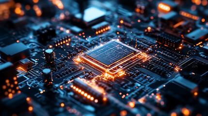 Wall Mural - a quantum computing lab, glowing circuits and superconducting processors, cool-toned ambient lightin