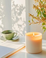 Poster - Mindful Morning Ritual Minimalist Home Office Wellness Scene with Sunrise Illumination, Soft Green Tea and Intentional Workspace Design for Productivity