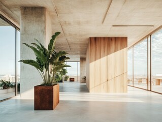 Poster - Minimalist Biophilic Workspace Sustainable Concrete and Wood Interior Design Showcasing Innovative Environmental Architecture for Modern Professional Environments