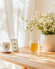 Leinwandbilder - Minimalist Wellness Ritual Soft Natural Light, Glass Clover Nail Art Tutorial with Herbal Tea - Digital Content Creation for Mindful Lifestyle Influencers