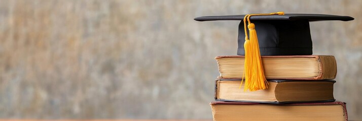 Fototapete - Minimalist Academic Success Narrative Vintage Hardcover Books and Graduation Cap - Inspiring Educational Milestone Visualization for Gen Z Learners and Digital Storytelling