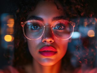 Poster - Cyberpunk Aesthetic Gen Z Innovator in Translucent Glasses Radiating Digital Empowerment, Neon-Lit Creative Professional Portraiture