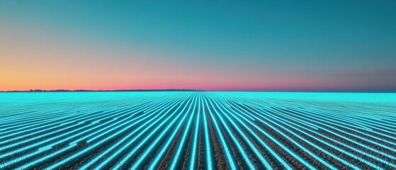 Fototapete - Futuristic Digital Landscape AI-Driven Precision Grid Visualizing Smart Infrastructure and Emerging Technological Horizons in Minimalist Cyan Perspective