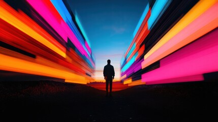 Aufkleber - Futuristic Digital Transformation Silhouetted Individual Navigating Vibrant Data Streams - Immersive Technological Evolution and Creative Potential Visualization