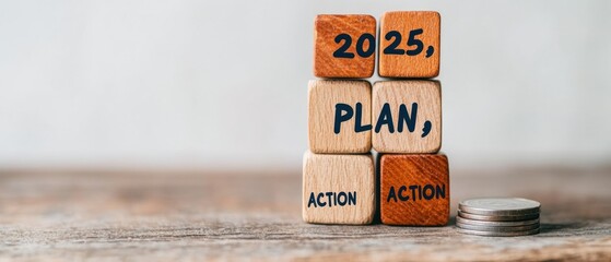 Aufkleber - Strategic Financial Roadmapping 2025 Minimalist Wooden Block Visualization for Entrepreneurial Goal Setting and Agile Business Planning