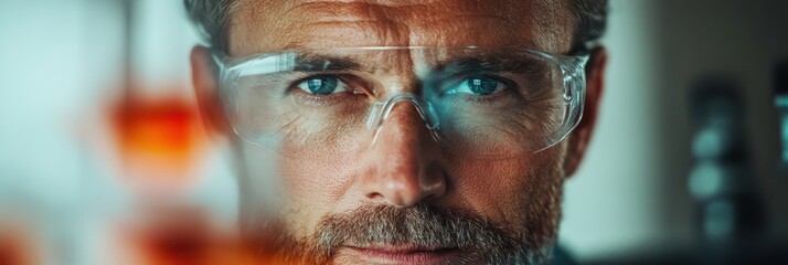 Poster - Precision in BioTech Immersive Scientific Research Portrait of Mid-Career Male Researcher with Advanced Safety Eyewear in High-Performance Laboratory Environment
