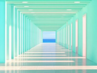 Poster - Minimalist Aqua Perspective Tranquil Architectural Corridor Revealing Infinite Horizon - Immersive Design Experience in Pastel Digital Wellness Landscape