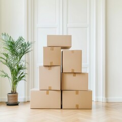 Poster - Minimalist E-Commerce Logistics Sustainable Cardboard Delivery Stacks in Biophilic Home Setting - Digital Retail Revolution and Zero-Waste Packaging Solutions
