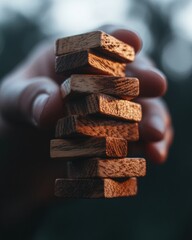 Aufkleber - Strategic Mindset Reach Higher Day Minimalist Risk Management Insights for Agile Professionals - Wooden Block Balancing as Metaphor for Business Resilience and Calculated Growth