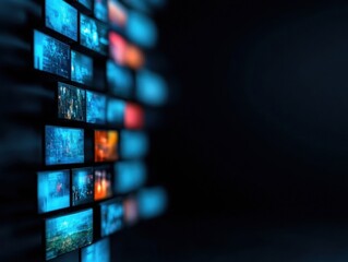 Poster - Immersive Digital Media Wall Cinematic Streaming Interface Showcasing Multi-Channel Visual Content, Next-Gen Entertainment Discovery Experience in High-Resolution Panoramic Display