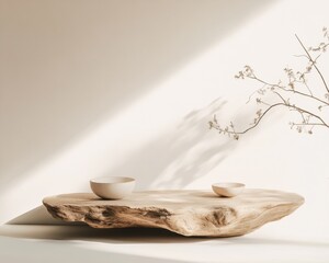 Poster - Wabi-Sabi Minimalism Natural Wood Sculpture Platform with Ceramic Vessels - Contemporary Zen Design for Mindful Living Spaces and Artistic Branding