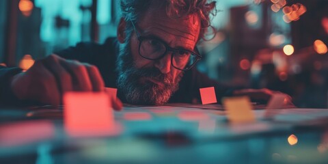 Leinwandbilder - Immersive Workflow Dynamics Cinematic Creative Professional Navigating Nocturnal Strategic Planning with Hybrid Productivity Aesthetic in Urban Design Studio