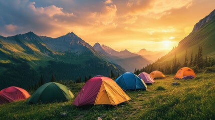Aufkleber - Vibrant camping site with colorful tents illuminated by a glowing sunrise in a mountain landscape