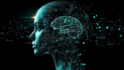 Aufkleber - Artificial intelligence within a humanoid head, digital brain circuits, futuristic robotic features, cyborg vision, technology innovation, scifi style