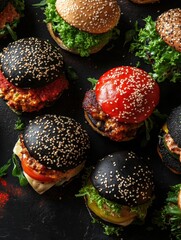 Poster - Assorted colorful burgers with unique buns and fresh toppings in ambient lighting create a vibrant culinary experience