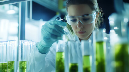 Wall Mural - a renewable energy scientist researching bioenergy from algae as a sustainable fuel source, lab with