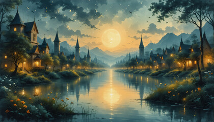 Wall Mural - night scene of a town by a river under a big moon. buildings with towers are illuminated by moonligh