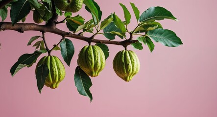 guava tree branch on plain pink background with leaves and fruits nature food agri concept wide angl
