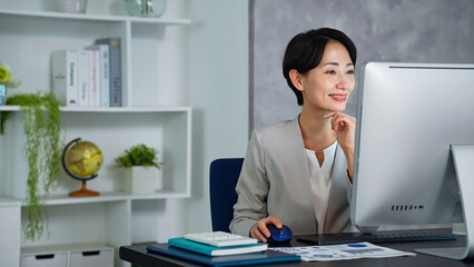暗いオフィスでパソコンを使って作業する女性ビジネスパーソン