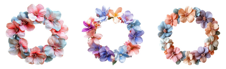 Three floral wreaths isolated on a transparent background for design use