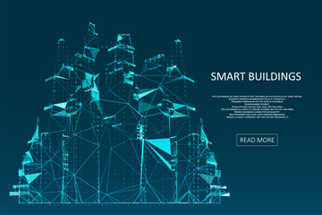 Smart building concept design for city illustration. Polygonal futuristic style. Intelligent building automation. Graphic concept for your design.