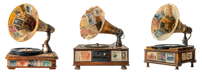 Vintage gramophones displayed on a transparent background for artistic use