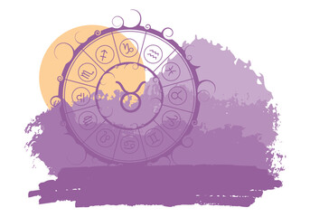 Wall Mural - Astrology symbols in circle against brush painted sunset landscape. Bull sign