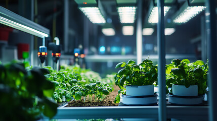 Wall Mural - a robotics researcher developing robots for precision farming, lab with robot prototypes, agricultur