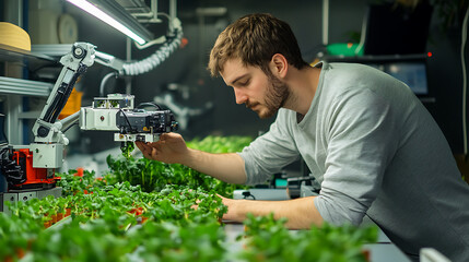 Wall Mural - a robotics researcher developing robots for precision farming, lab with robot prototypes, agricultur
